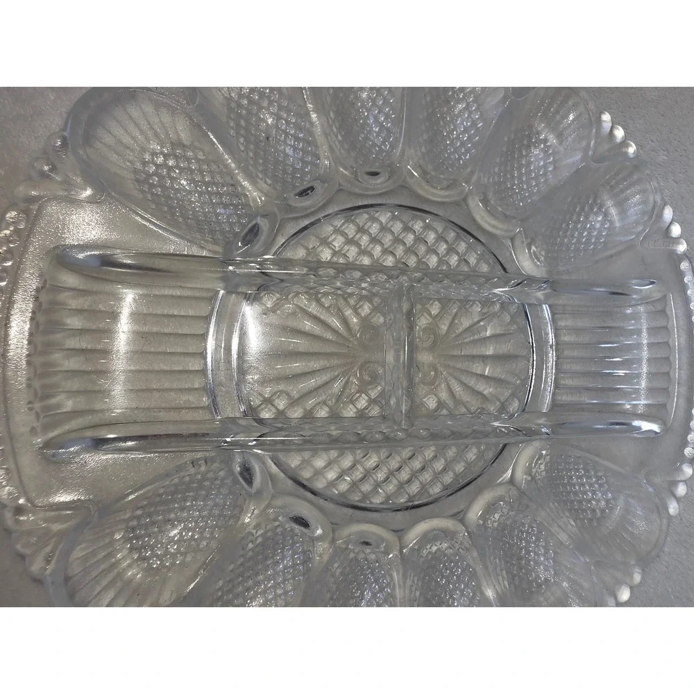 Vintage Clear Pressed Glass Deviled Egg Platter Relish Tray 12 Slot 11 Inch